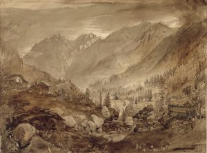 山の風景、マクナガ、1845年（ペンと茶色のインク、鉛筆で紙の上を洗う） 作： John Ruskin